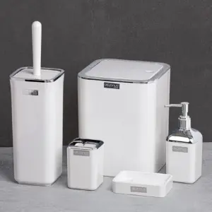 Okyanus Stripe Square Bathroom Set White (5 pcs) Chrome