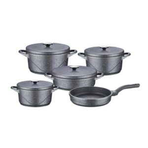 OMS Wave Granite Diecast Cookware Set with Granite Lid Set of 9 Pcs (Chef Bader) – Grey