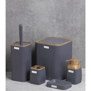 Okyanus Stripe Square Bathroom Set Grey (5 pcs) Wooden