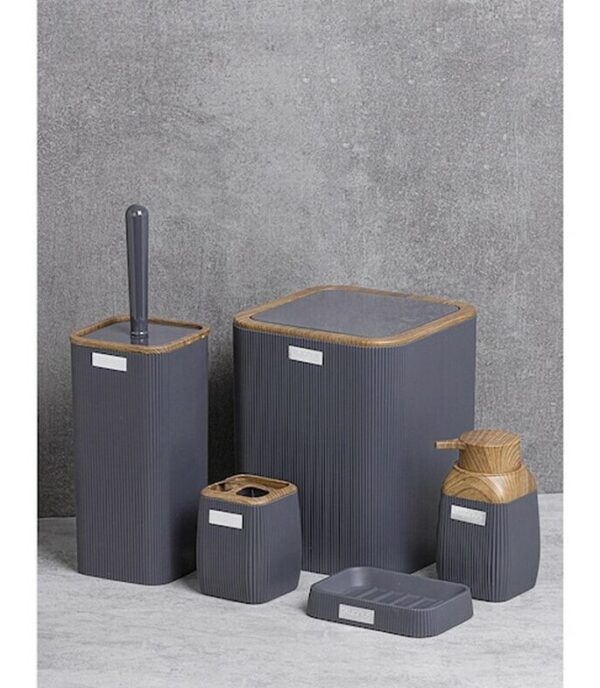 Okyanus Stripe Square Bathroom Set Grey (5 pcs) Wooden