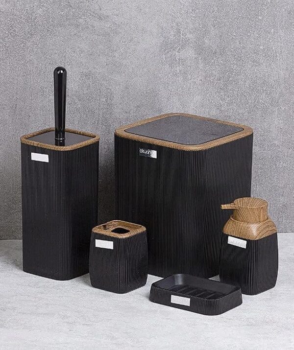 Okyanus Stripe Square Bathroom Set black (5 Pcs) Wooden