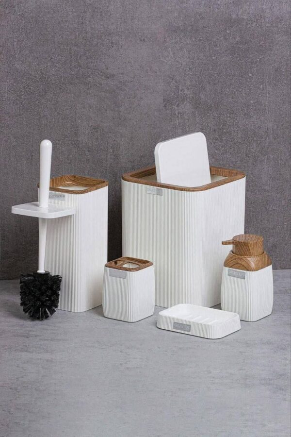 Okyanus Stripe Square Bathroom Set (5 pcs) White/Wooden