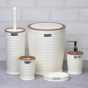 Okyanus Elegance Round Bathroom Set (5 pcs) – White/Wooden