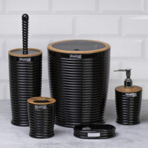 Okyanus Elegance Round Bathroom Set (5 pcs) – Black/Wooden