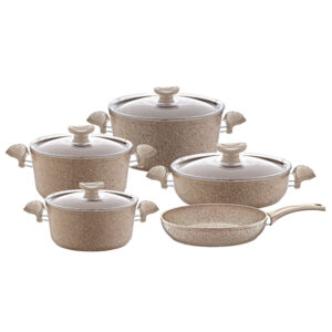 OMS Cookstone Granite 2.8mm Cookware Set Of 9 pcs (Glass Lids) Light Brown