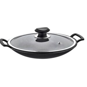 OMS Granite Turkish Wok with Glass Cover 34cm Black