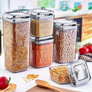 Okyanus Vacuum Square Storage Jar Set 5 pcs – Chrome (250ml + 700ml + 900ml + 1200ml + 1700ml)