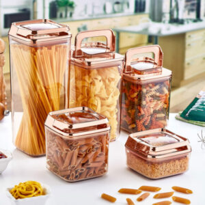 Okyanus Vacuum Square Storage Jar Set 5 pcs – Rose Gold (250ml + 700ml + 900ml + 1200ml + 1700ml)
