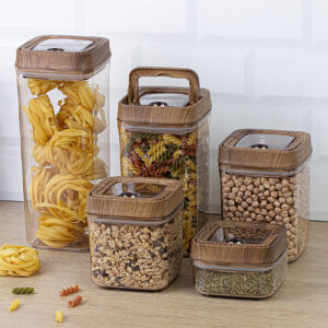 Okyanus Vacuum Square Storage Jar Set 5 pcs – Wooden (250ml + 700ml + 900ml + 1200ml + 1700ml)