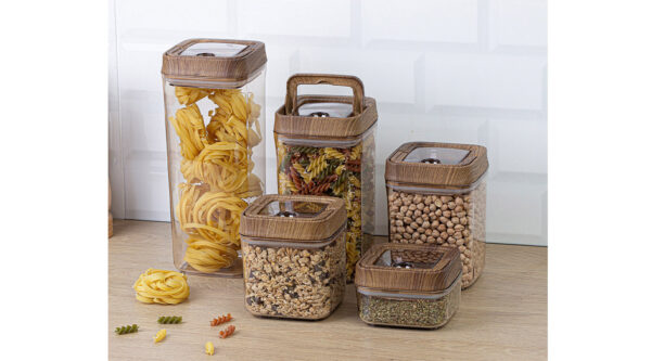 Okyanus Vacuum Square Storage Jar Set 5 pcs – Wooden (250ml + 700ml + 900ml + 1200ml + 1700ml)