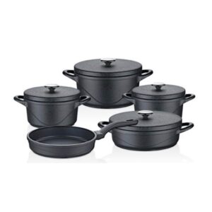 OMS Wave Granite Diecast Cookware Set with Granite Lid Set of 9 Pcs (Chef Bader) – Black