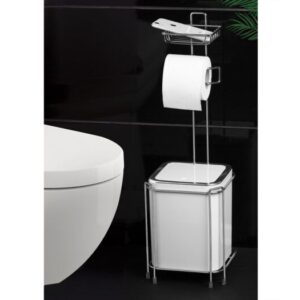 Okyanus Chrome Square Wc Stand With Dustbin And Toilet Baper Holder /White Bin