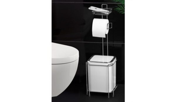 Okyanus Chrome Square Wc Stand With Dustbin And Toilet Baper Holder /White Bin