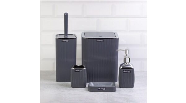 Okyanus Stripe Square Bathroom Set Grey (5 pcs) Chrome