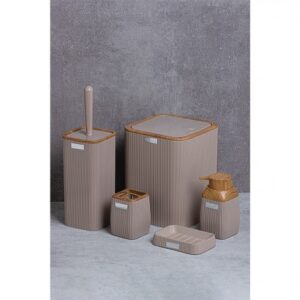 Okyanus Stripe Square Bathroom Set Beige (5 pcs) Wooden