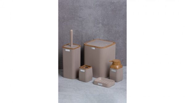 Okyanus Stripe Square Bathroom Set Beige (5 pcs) Wooden